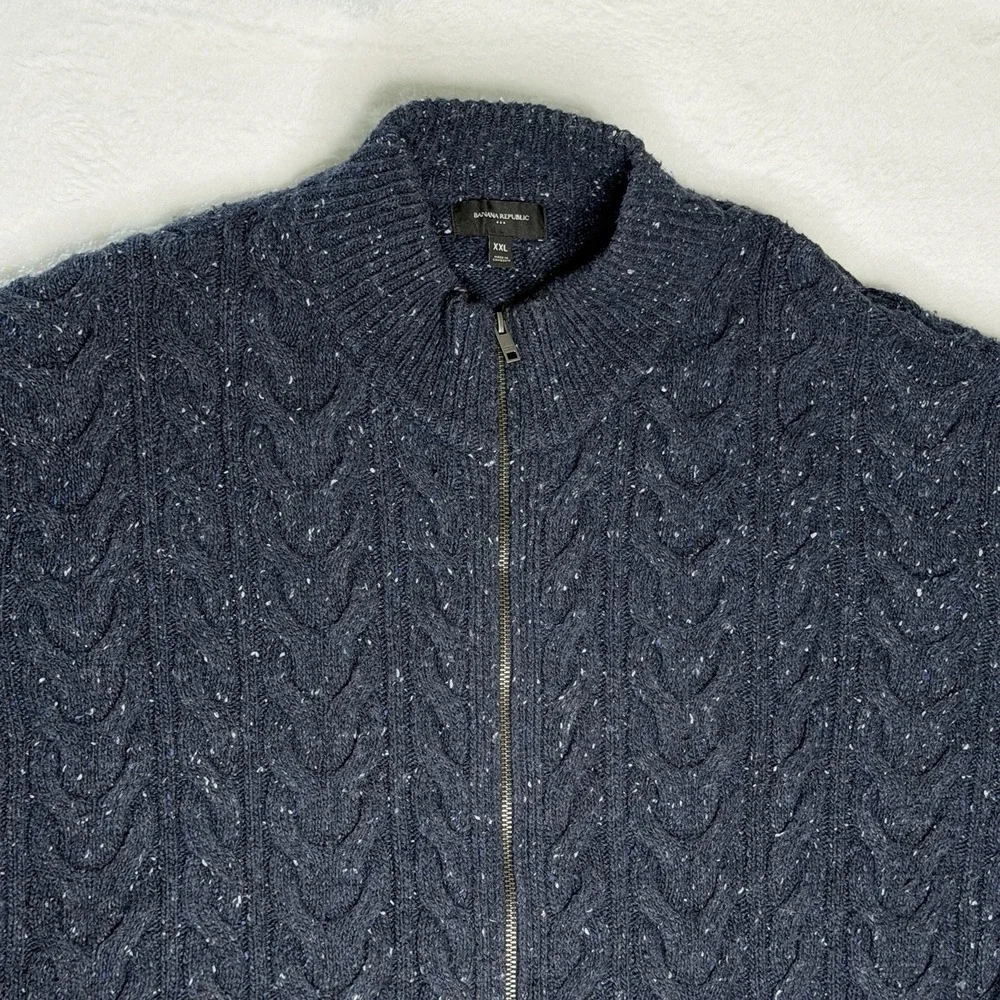 Banana Republic XXL Fisherman Cable Knit Full Zip Sweater Navy Wool Blend Preppy